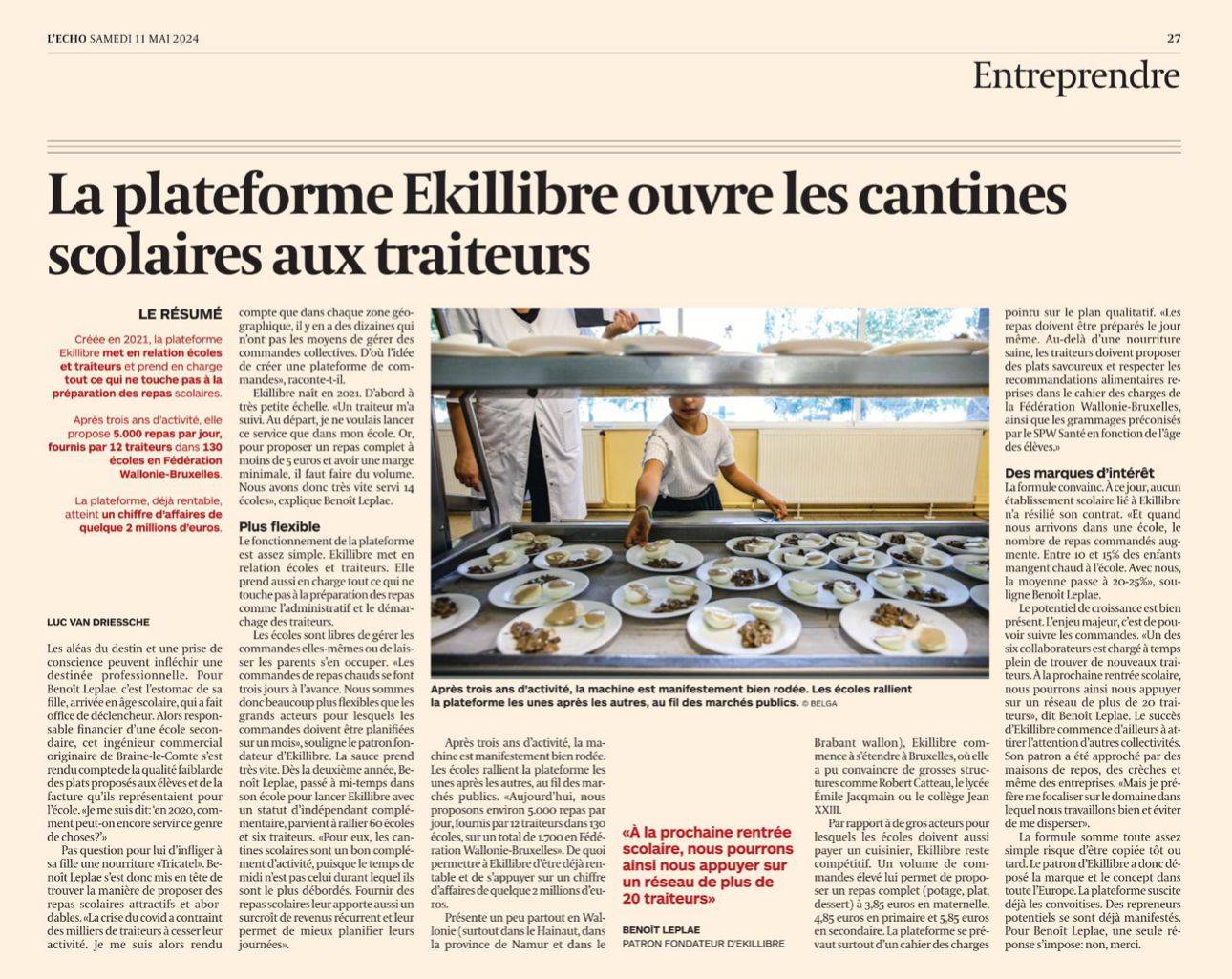 Article de "L'Écho" : La plateforme Ekillibre ouvre les cantines scolaires aux traiteurs