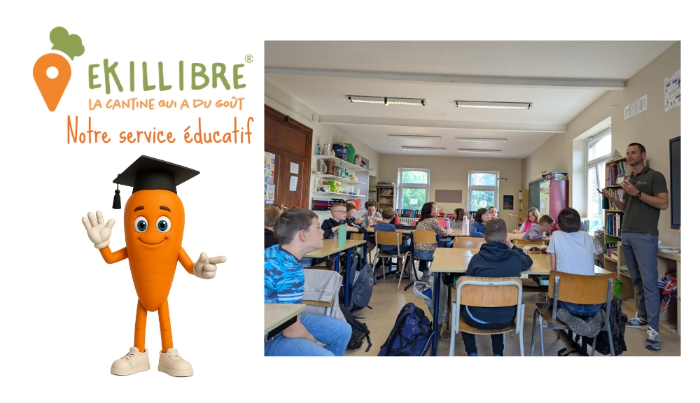 Mascotte Ekillibre en professeur à côté d’une classe d’élèves attentifs lors d’une animation éducative sur l’alimentation. Éducation alimentaire à l'école.