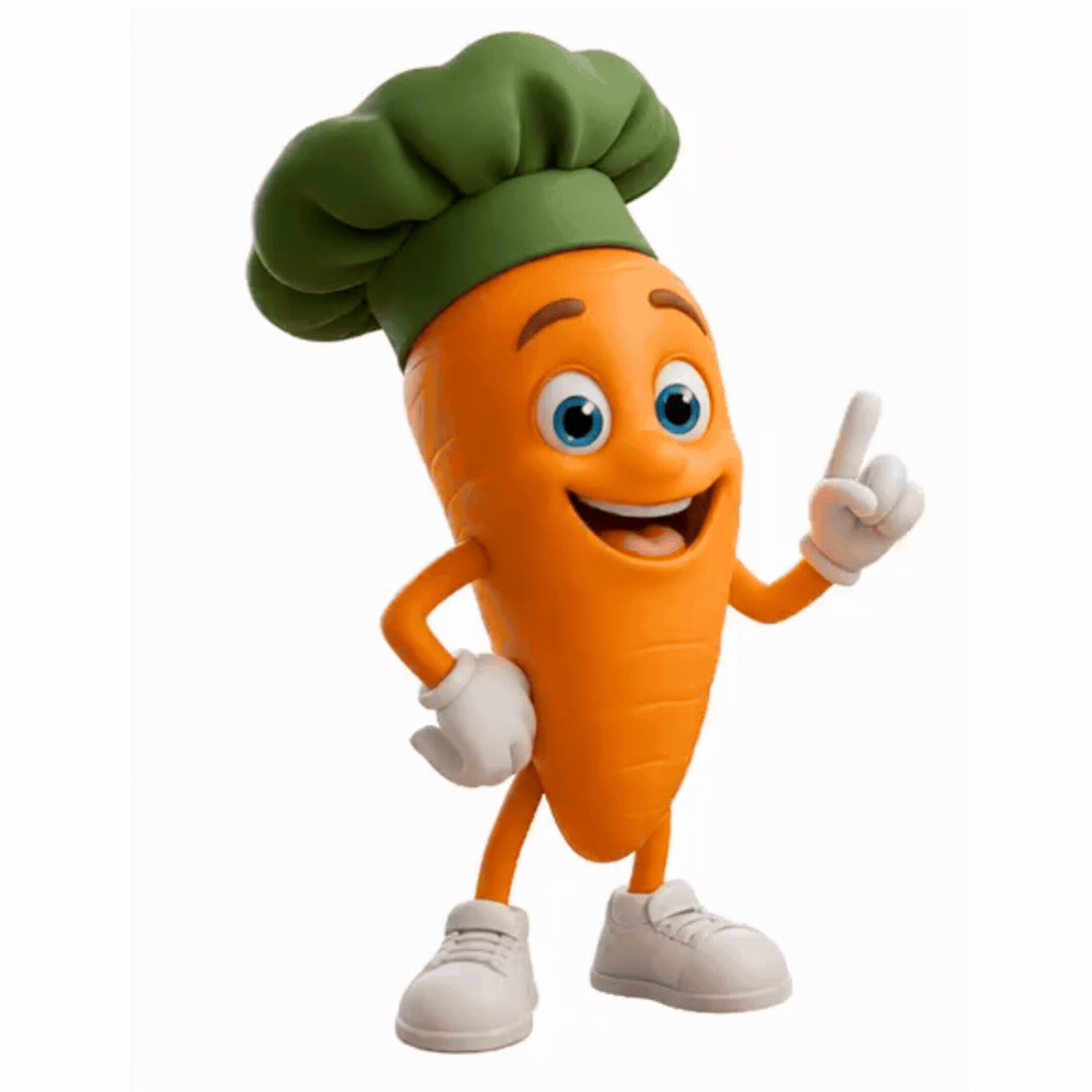 Mascotte la Carotte fait signe pour dire bonjour