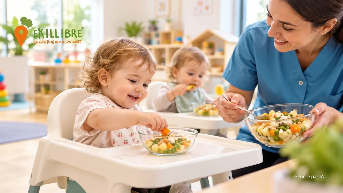 De jeunes enfants découvrent un repas de légumes à la crèche, accompagnés par une professionnelle de la petite enfance.